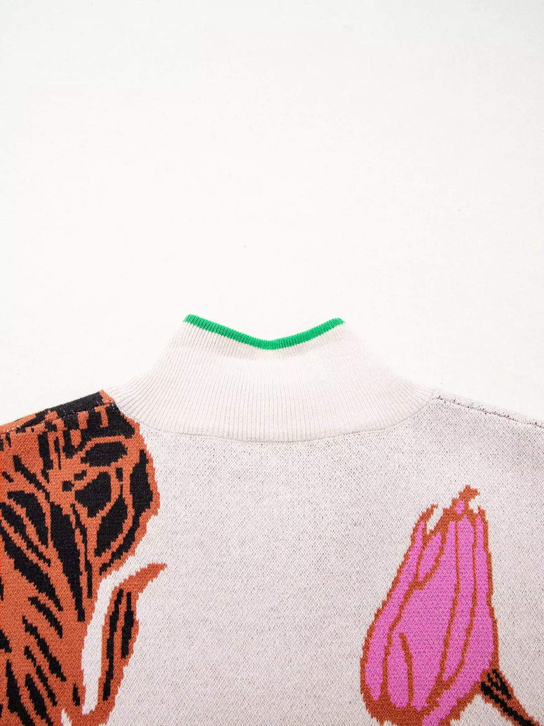 Floral Pattern Knit Quarter Zip Stand Neck Sweater