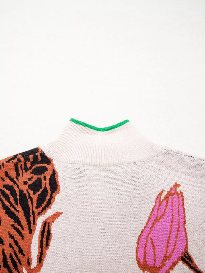 Floral Pattern Knit Quarter Zip Stand Neck Sweater