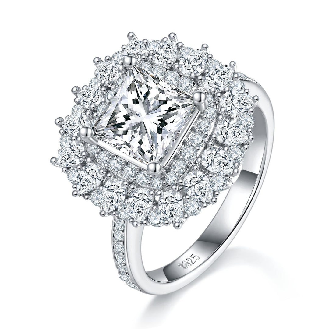 S925 Sterling Silver 2ct Princess Cut Moissanite Ring, D-VVS1 Double Halo Cluster, Platinum Plated 5.8g US Sizes 5-9, GRA Certificate Gift Box