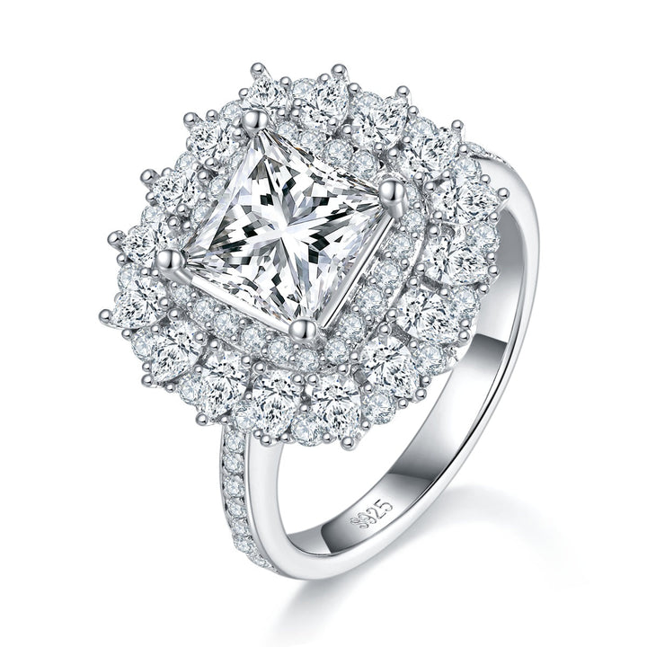 S925 Sterling Silver 2ct Princess Cut Moissanite Ring, D-VVS1 Double Halo Cluster, Platinum Plated 5.8g US Sizes 5-9, GRA Certificate Gift Box
