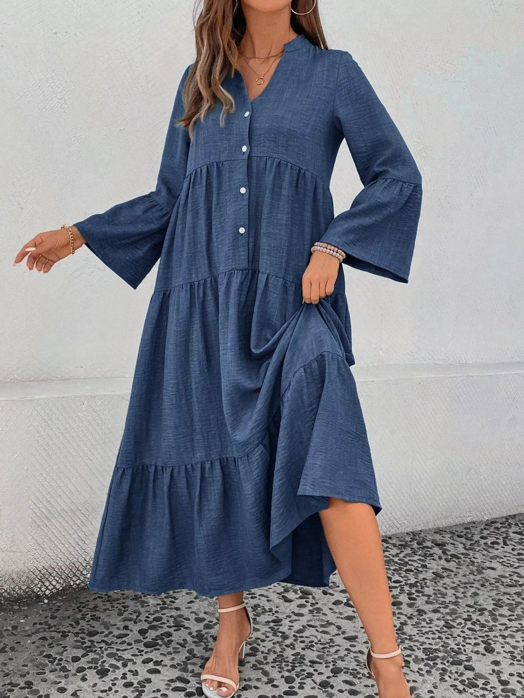 Ruffle Hem Button Front Tiered Dress