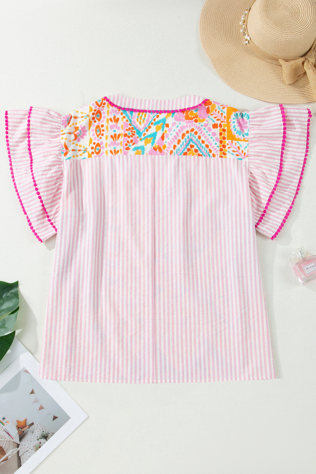 Rose Plus Size Geometric Print Contrast Trim Striped V Neck Blouse
