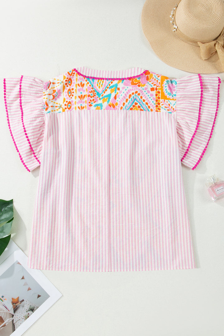 Rose Plus Size Geometric Print Contrast Trim Striped V Neck Blouse