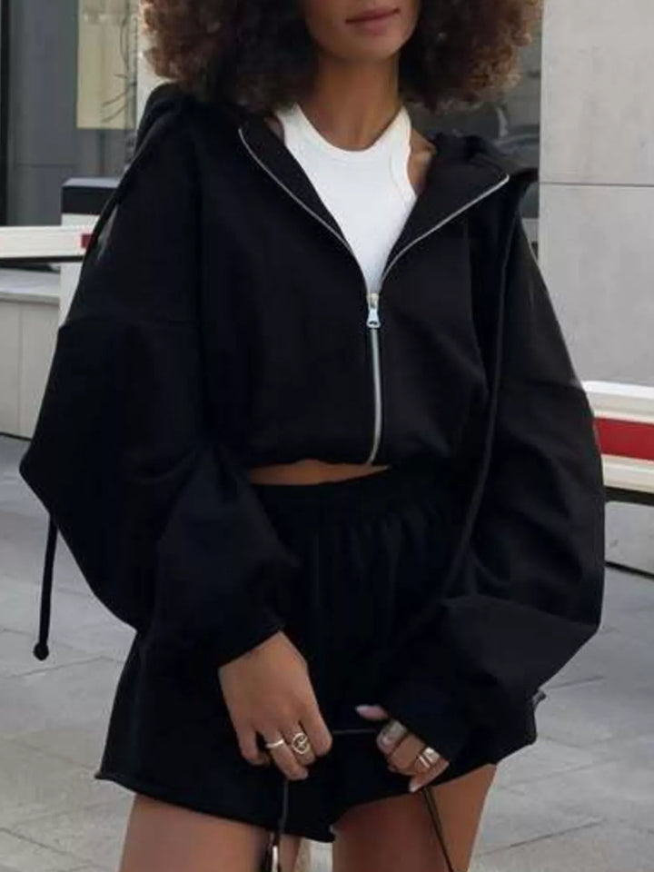 Zip Up Long Sleeve Outerwear and Shorts Set