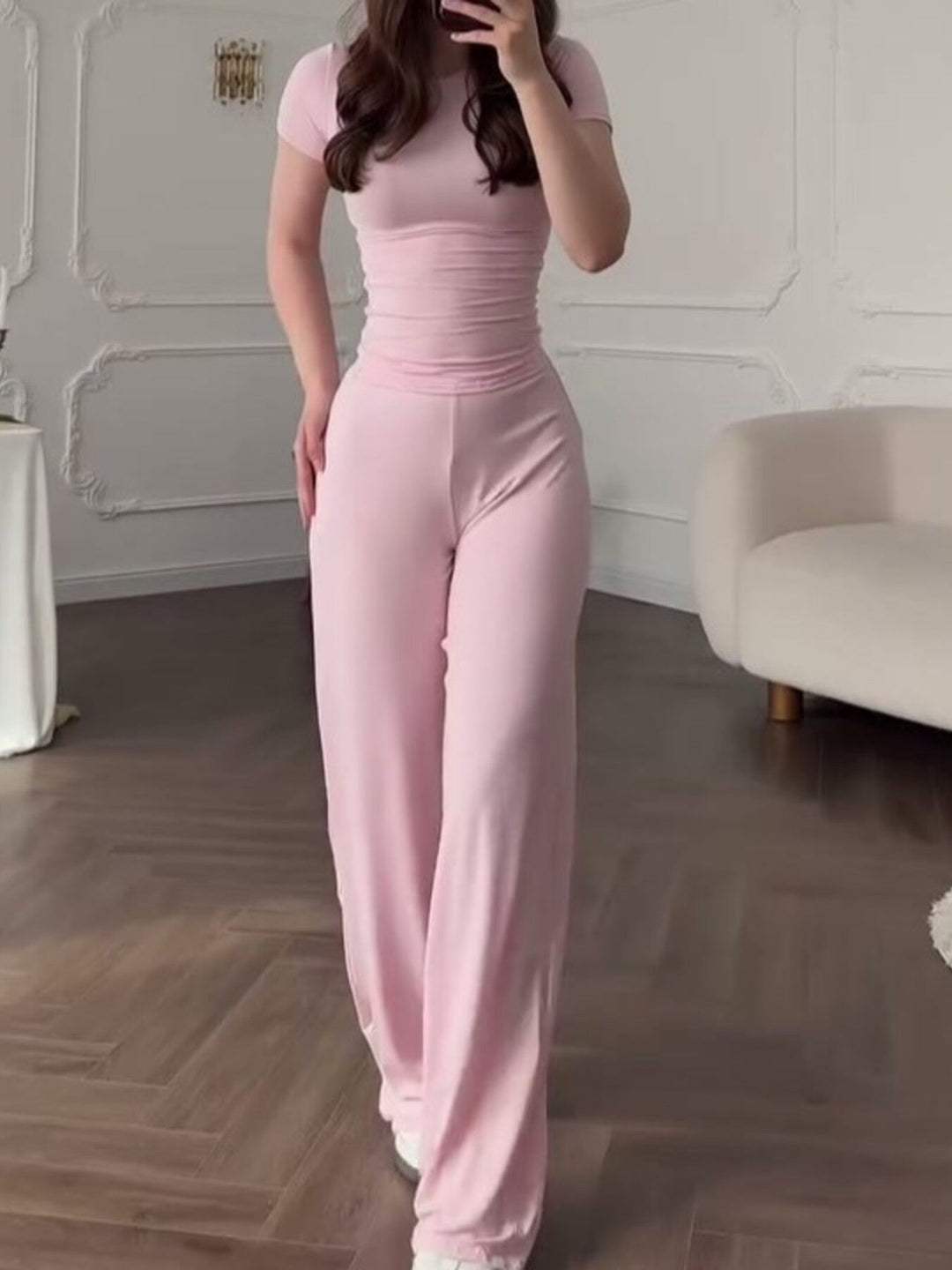Full Size Round Neck Top and Wide Leg Pants Set Plus Size