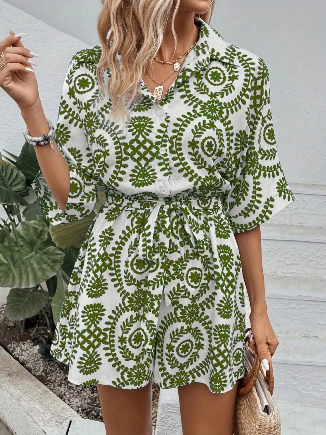 Printed Tie Waist Button Front Romper