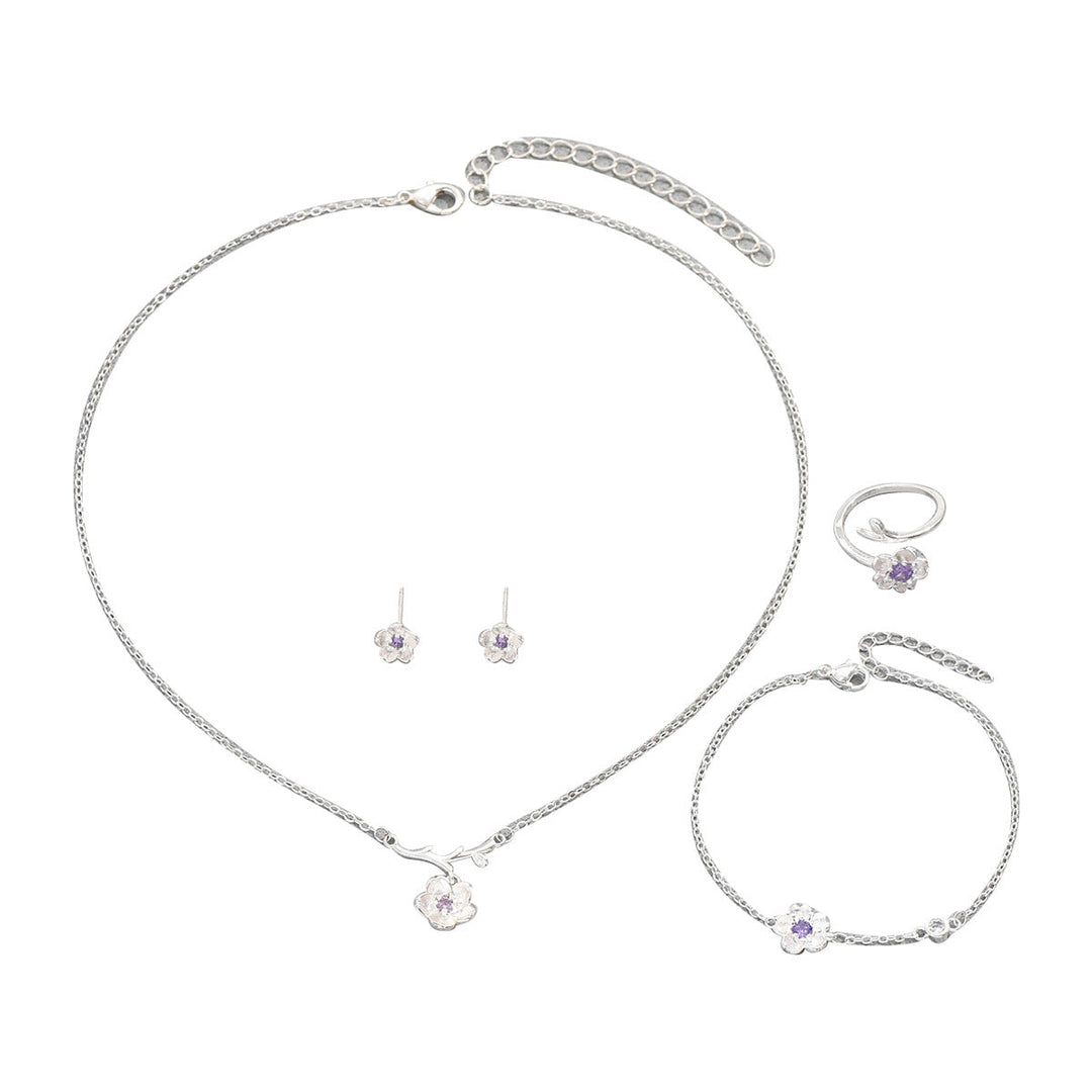 Ins Gentle Japanese Korean Style Women Jewelry Set, Cubic Zirconia Inlaid Cherry Blossom Design Long Necklace Ring Earrings Matching Accessories