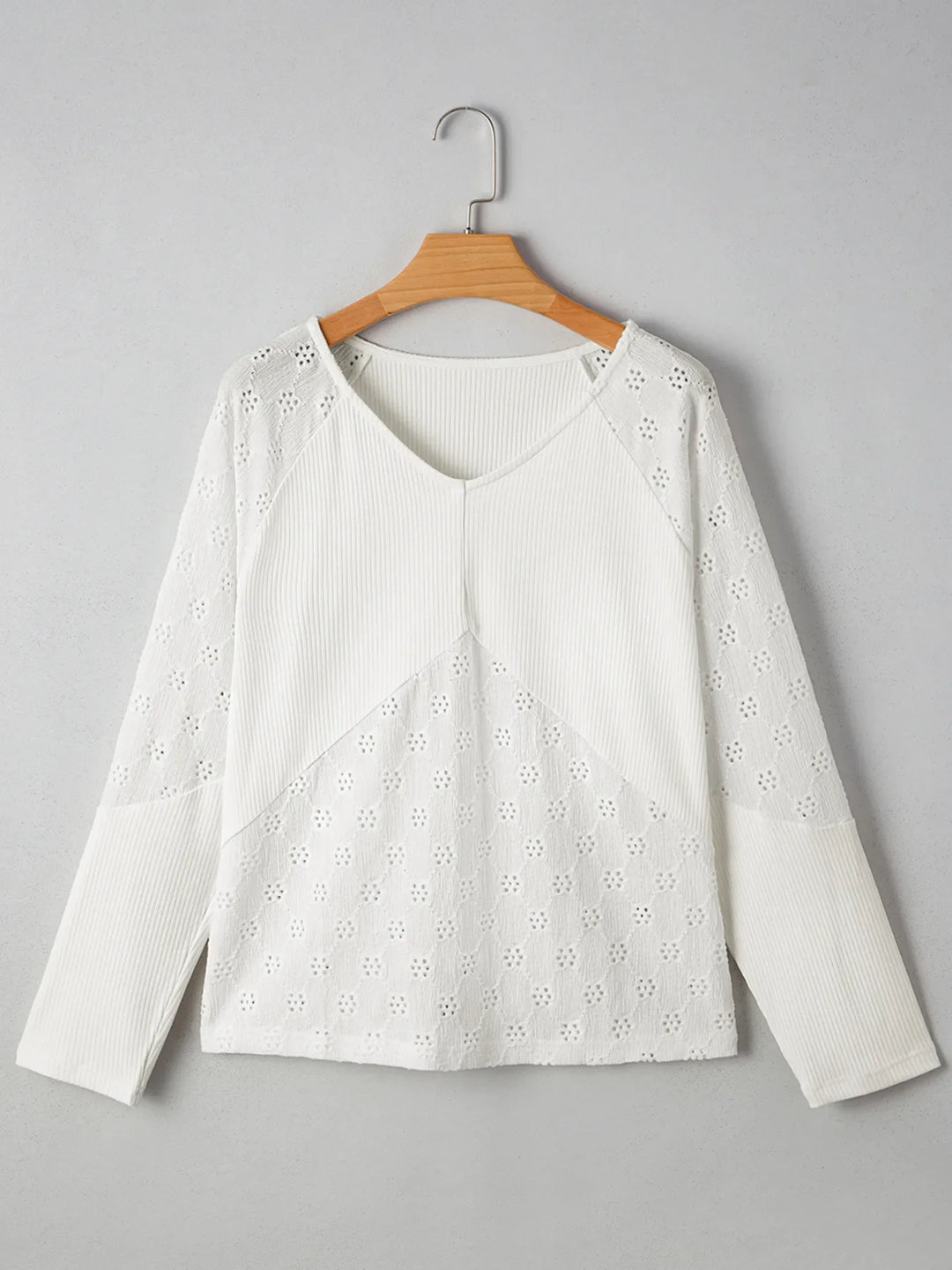 Eyelet Embroidered Loose V Neck Long Sleeve Top