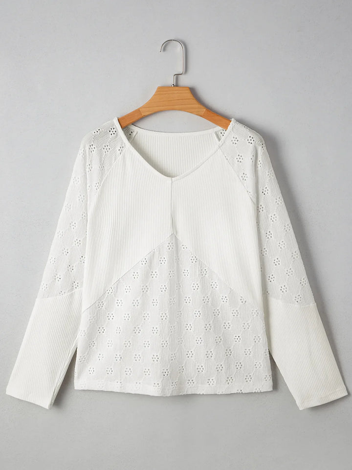 Eyelet Embroidered Loose V Neck Long Sleeve Top