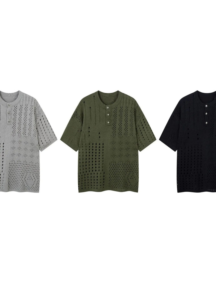 Men's Openwork Button Detail Knit Henley T-Shirt