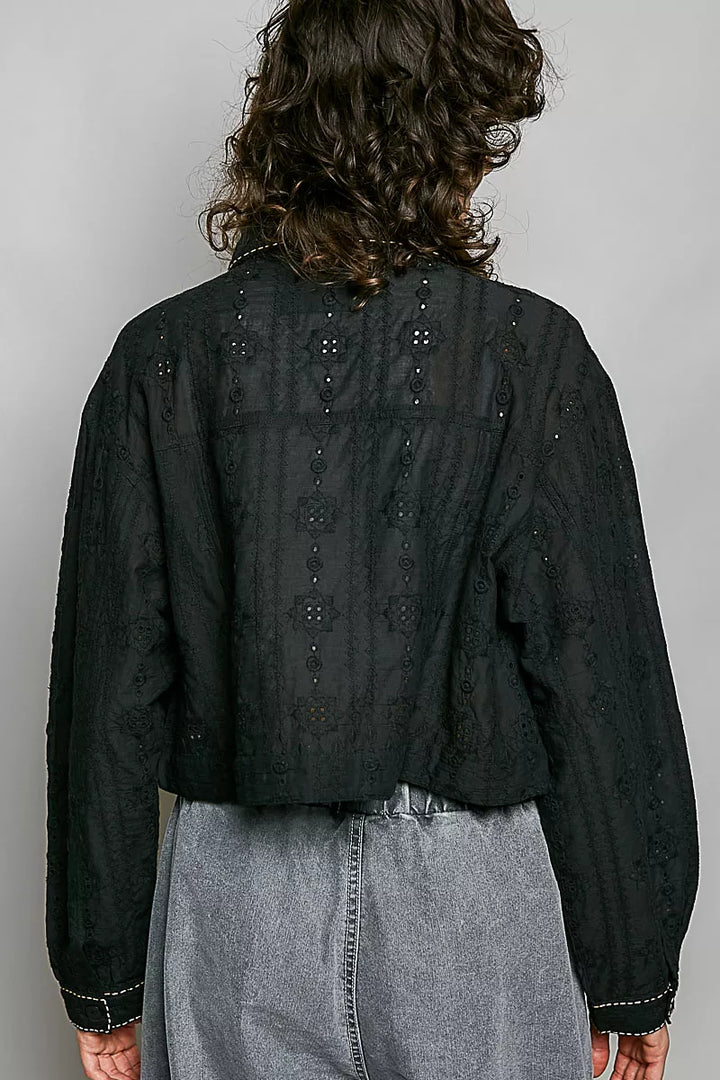 POL Cropped Button-Front Eyelet Cotton Jacket