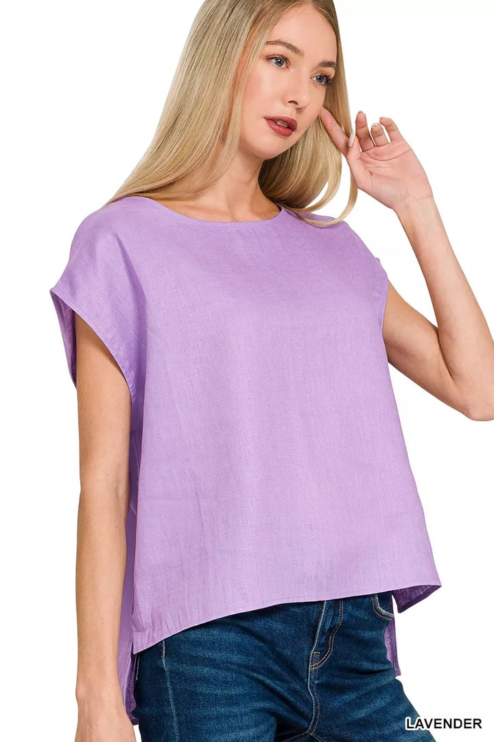 Zenana Linen Round Neck Cap Sleeve Top