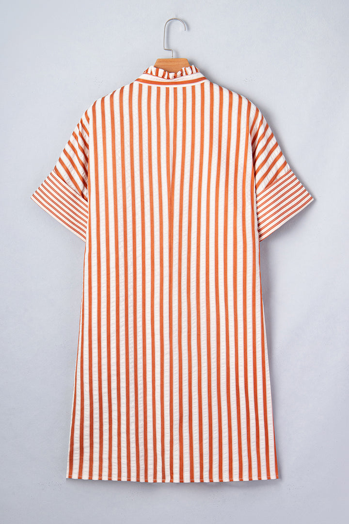 Brown Stripe Pinched V Neck Turn-up Cuffs Shift Mini Dress