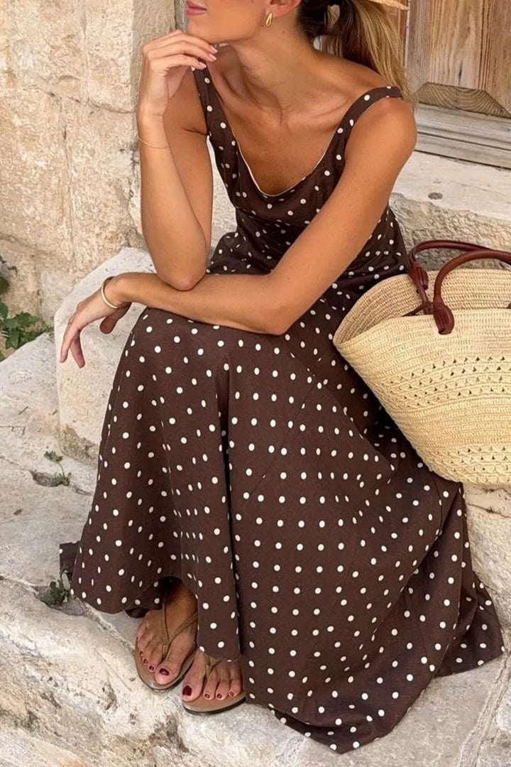 Polka Dot Print Square Neck Sleeveless Vacation Maxi Dress
