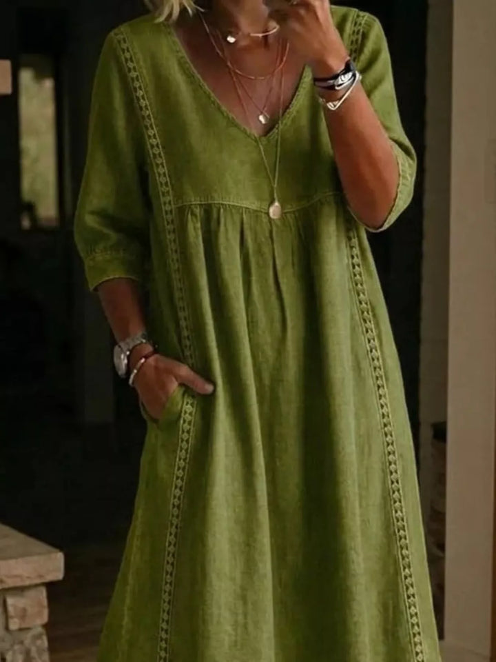 Full Size V-Neck 3/4 Sleeve Midi Dress Plus Size