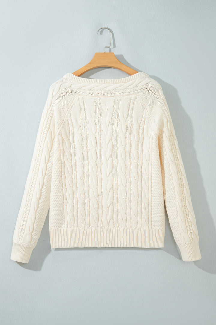 Beige Drop Shoulder Round Neck Cable Knit Sweater