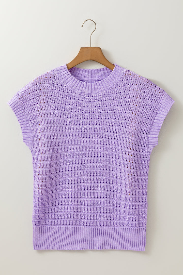 Lavendula Pointelle knit Ribbed Trim Short Sleeve Sweater