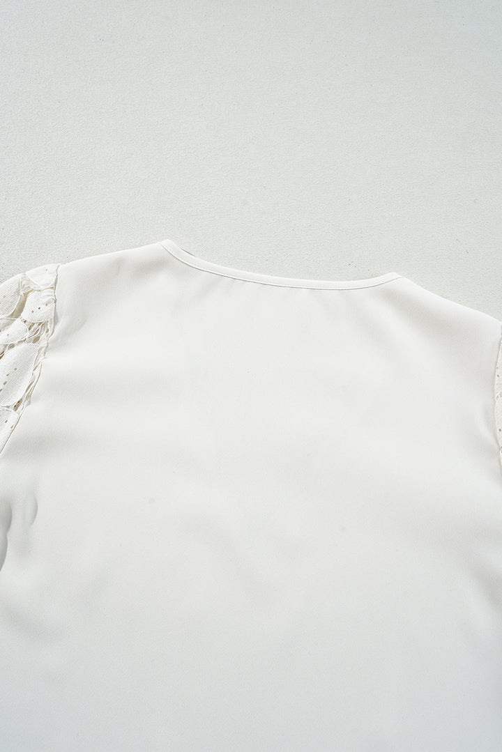White Scalloped V Neckline Lace Hollowed Lantern Sleeve Blouse