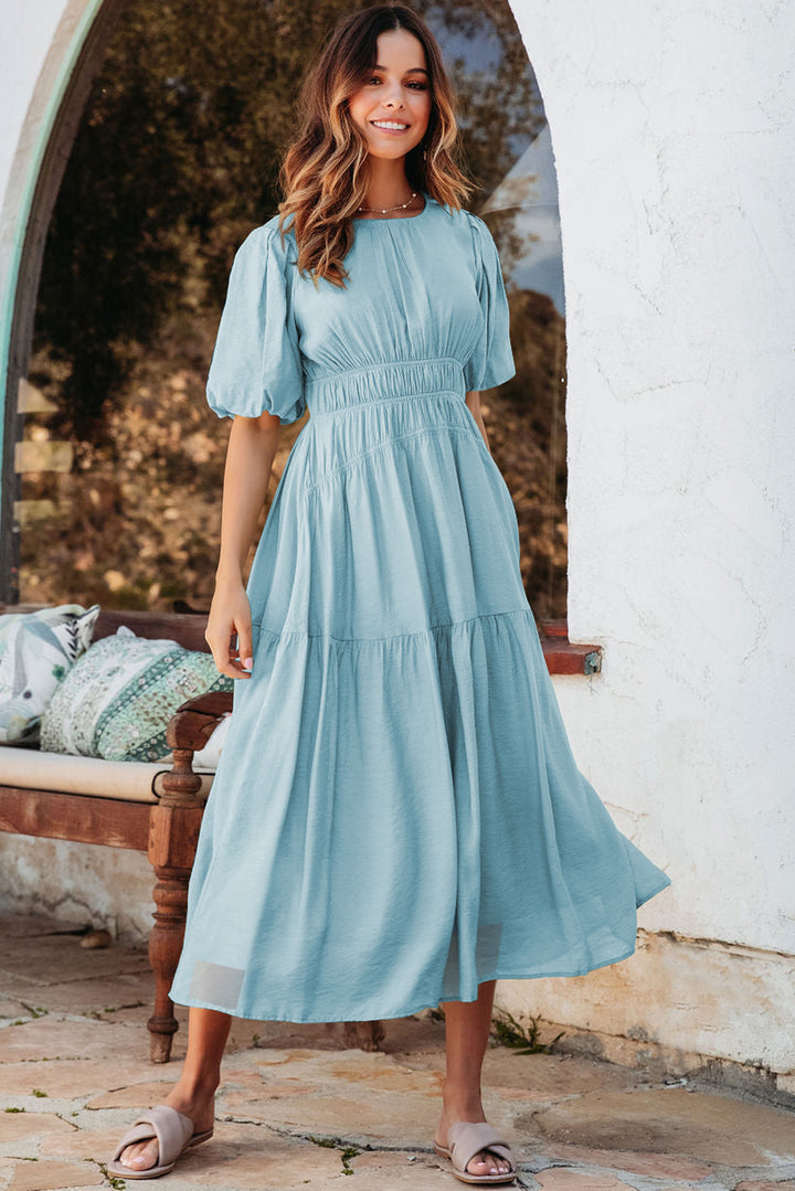 Light Blue Puff Sleeve Pleated High Waist Flowy Long Dress