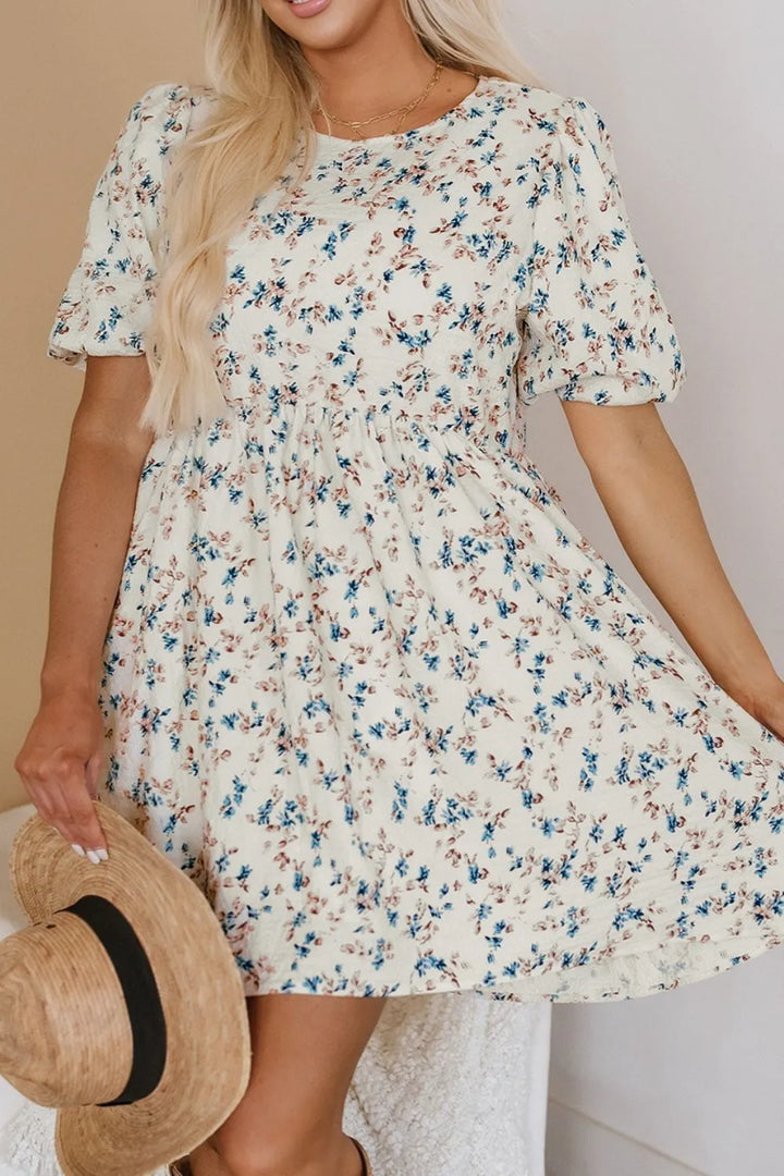 Floral Puff Short Sleeve Empire Waist Mini Dress