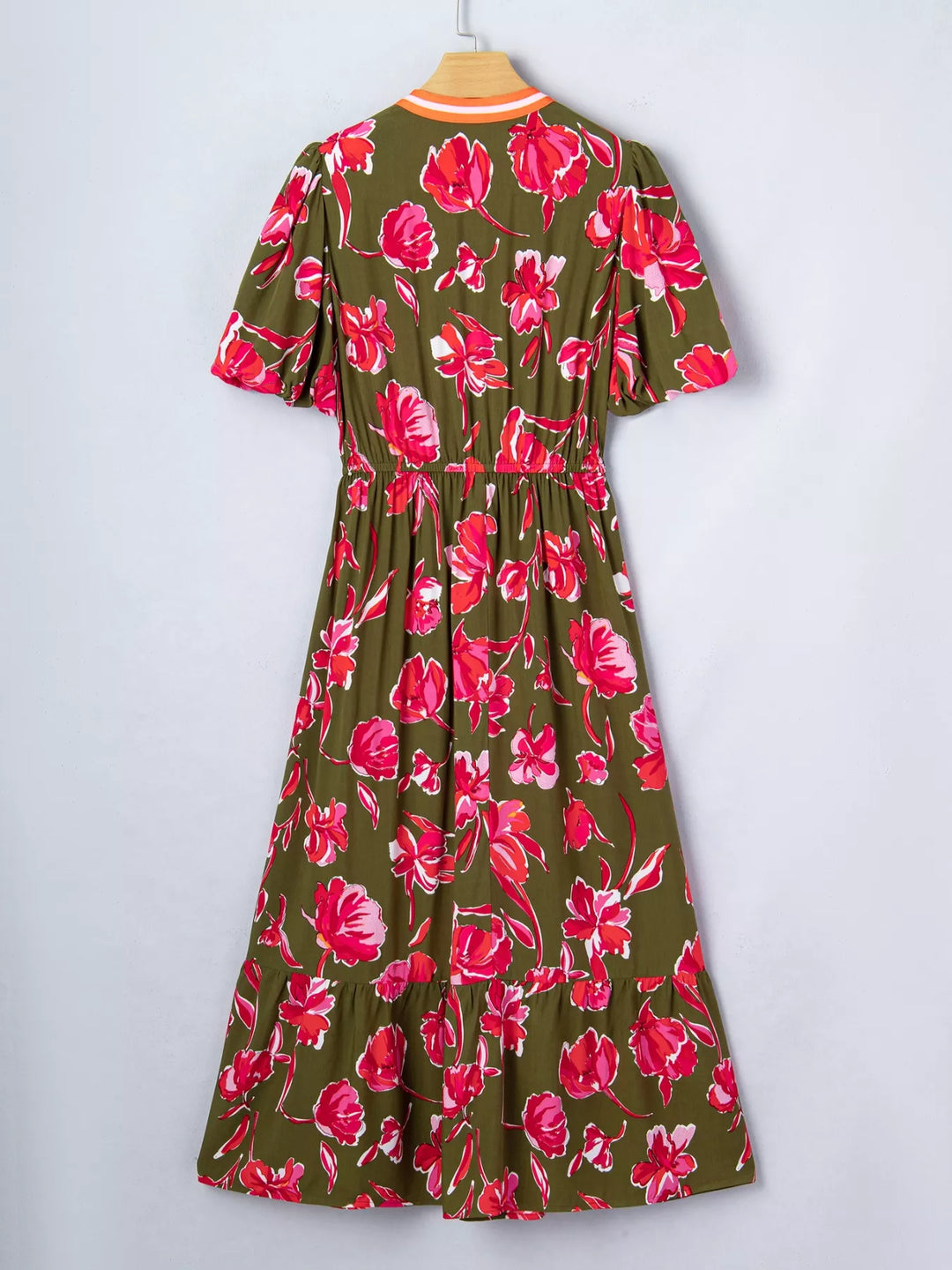 Floral Print Split Neck Short Puff Sleeve Ruffle Hem Dress