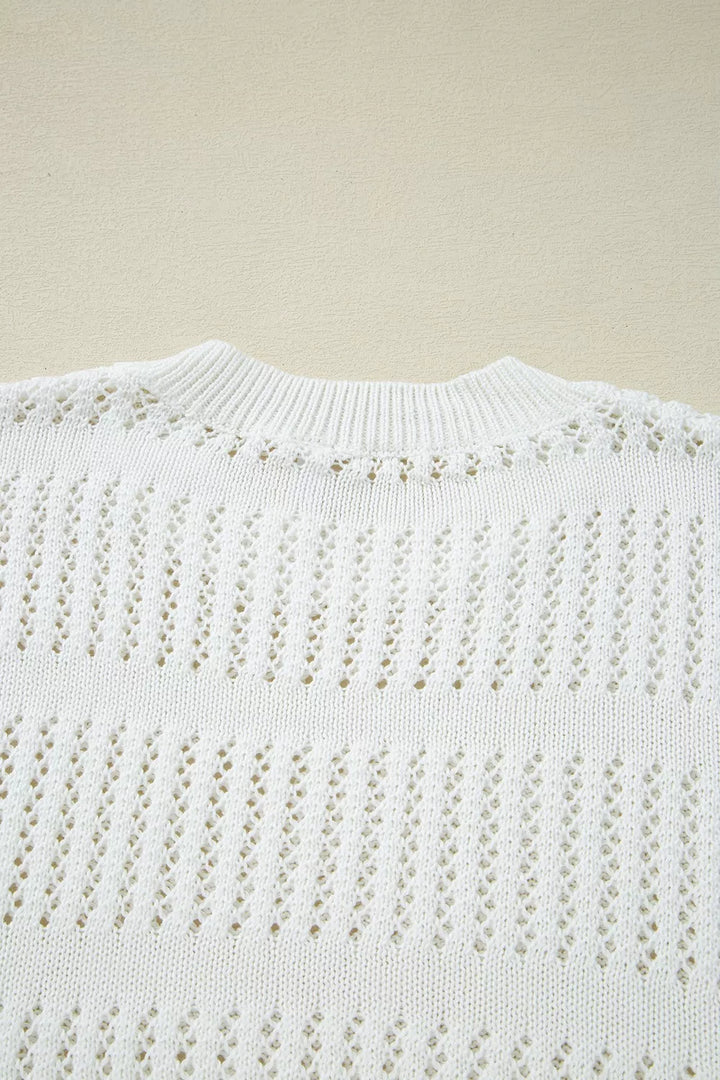 3/4 Sleeve Open Knit Mesh Detail Pullover Sweater
