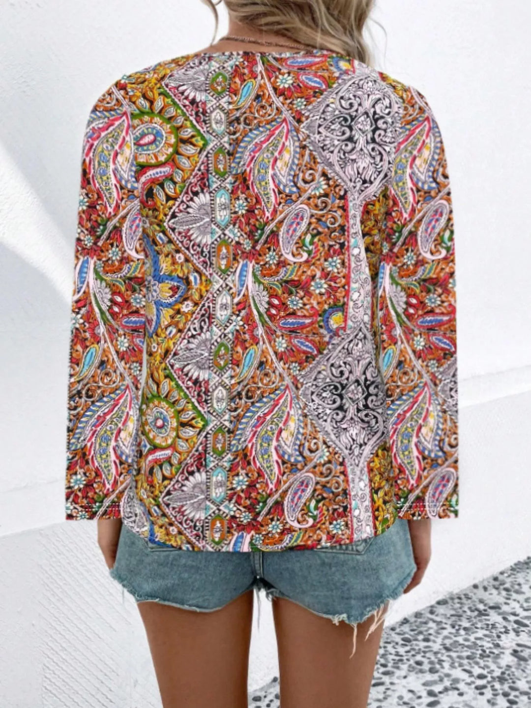 Printed V-Neck Long Sleeve Blouse