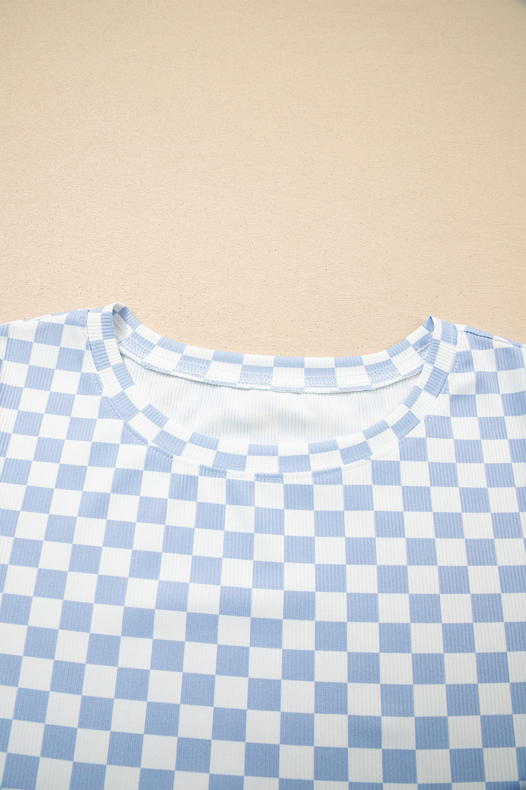 Sky Blue Checkered Ribbed Slim Fit Crew Neck T Shirt