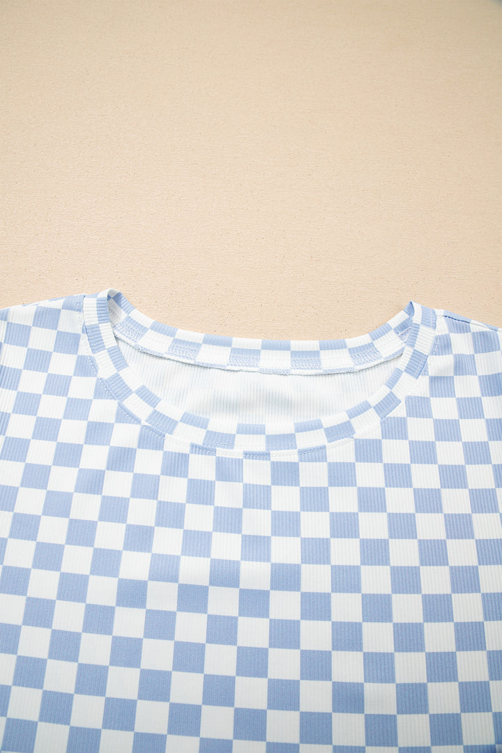 Sky Blue Checkered Ribbed Slim Fit Crew Neck T Shirt