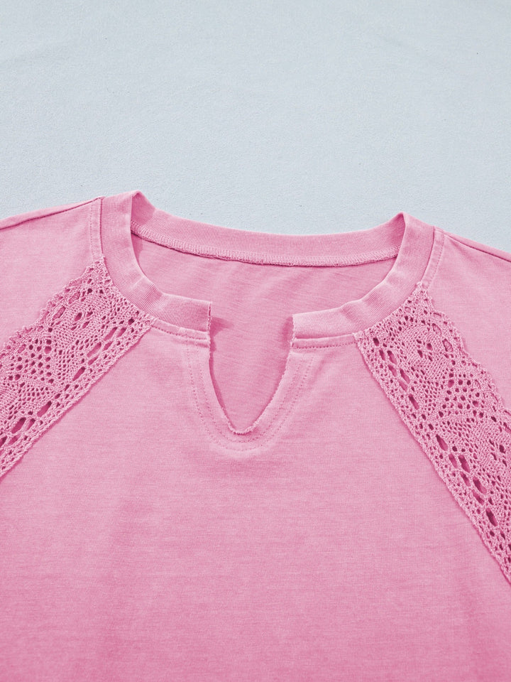 Raw Cut Notched Neck Lace Patchwork Detail Mineral Wash Tee
