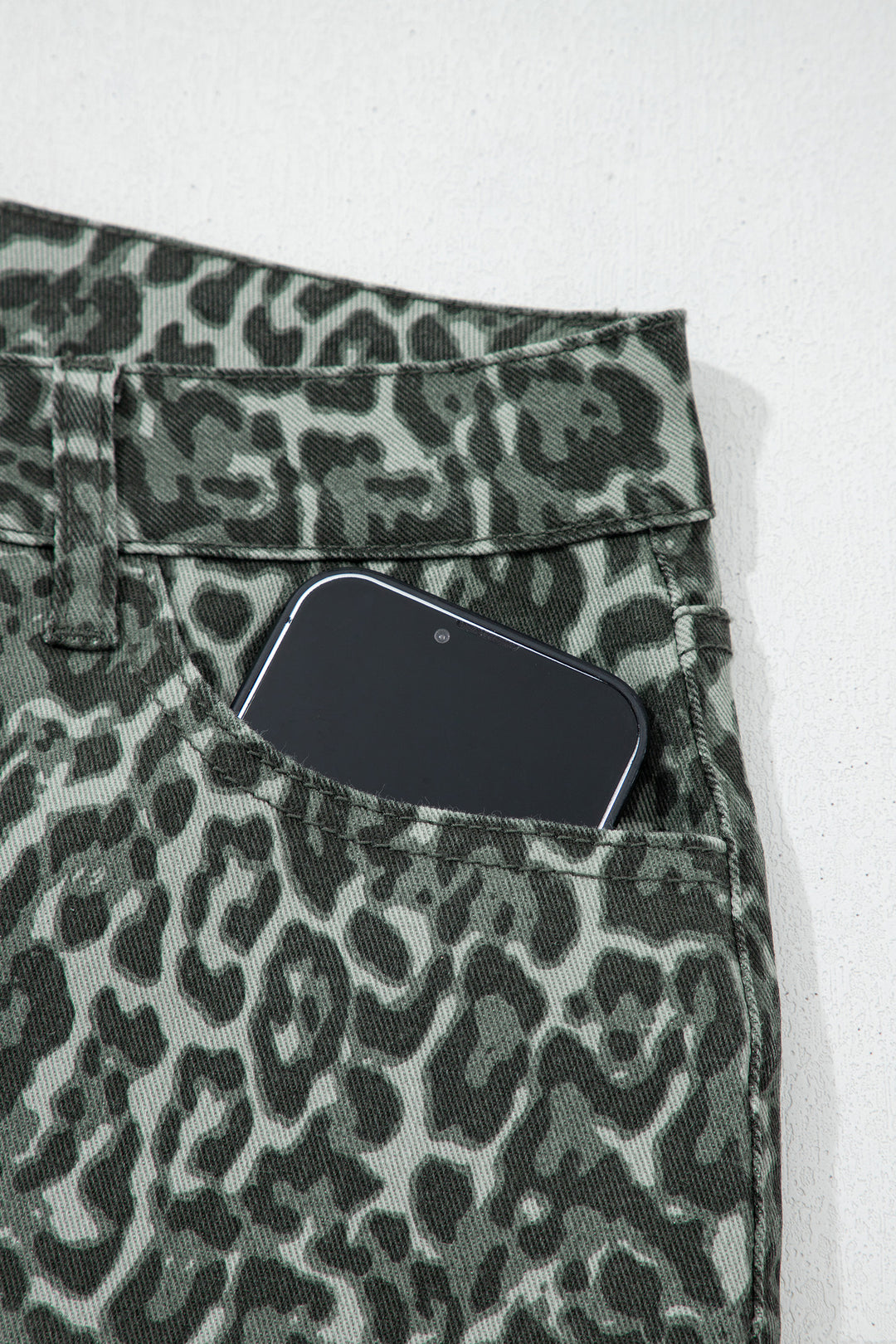 Gray Leopard Frayed Edge Wide Leg High Waist Jeans