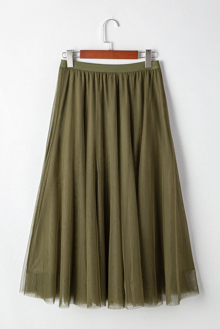 Jungle Green Tulle Mesh Overlay Flared Midi Skirt