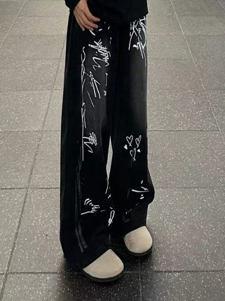 Men's Full Size Graffiti Print Wide Leg Jeans Plus Size