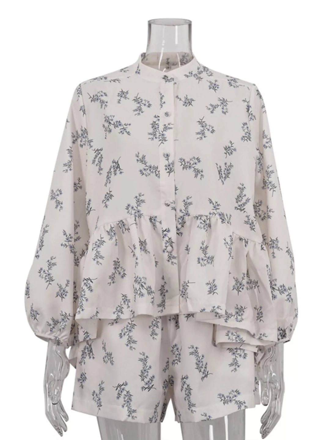 Floral Print Balloon Sleeve Top and Shorts Set