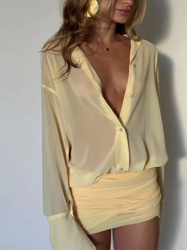 Sheer Button-Down Mini Shirt Dress with Back Tie