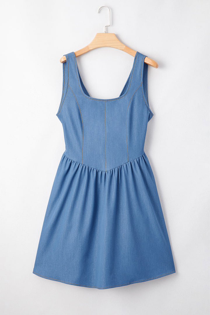 Myosotis Square Neck Pleated Waist V Cut Backless Tied Fit and Flare Dress