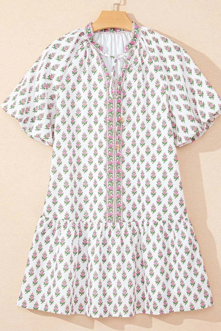 Floral Print Puff Sleeve Tie Neck Ruffled Hem Dress