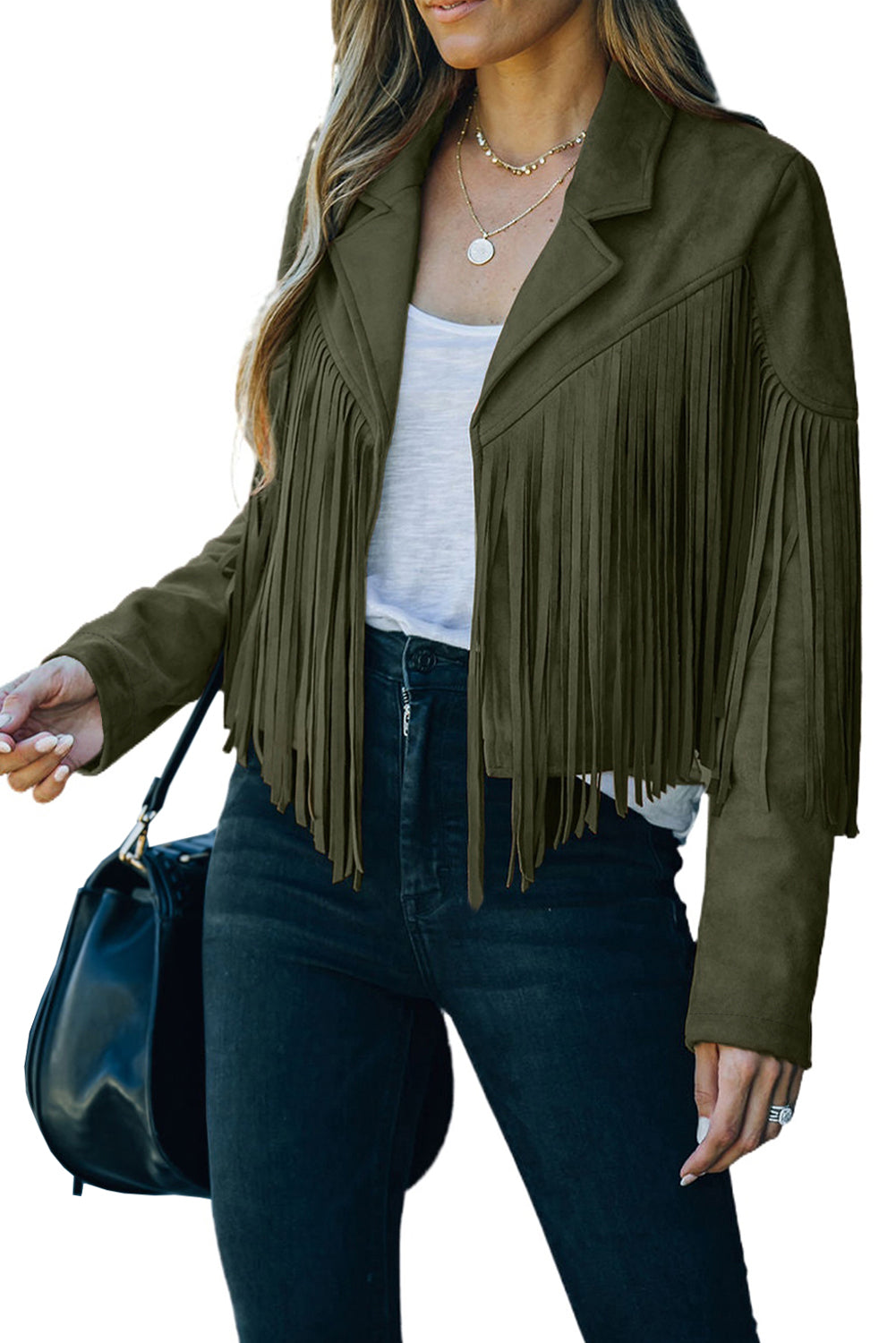 Green Cropped Fringe Faux Suede Jacket