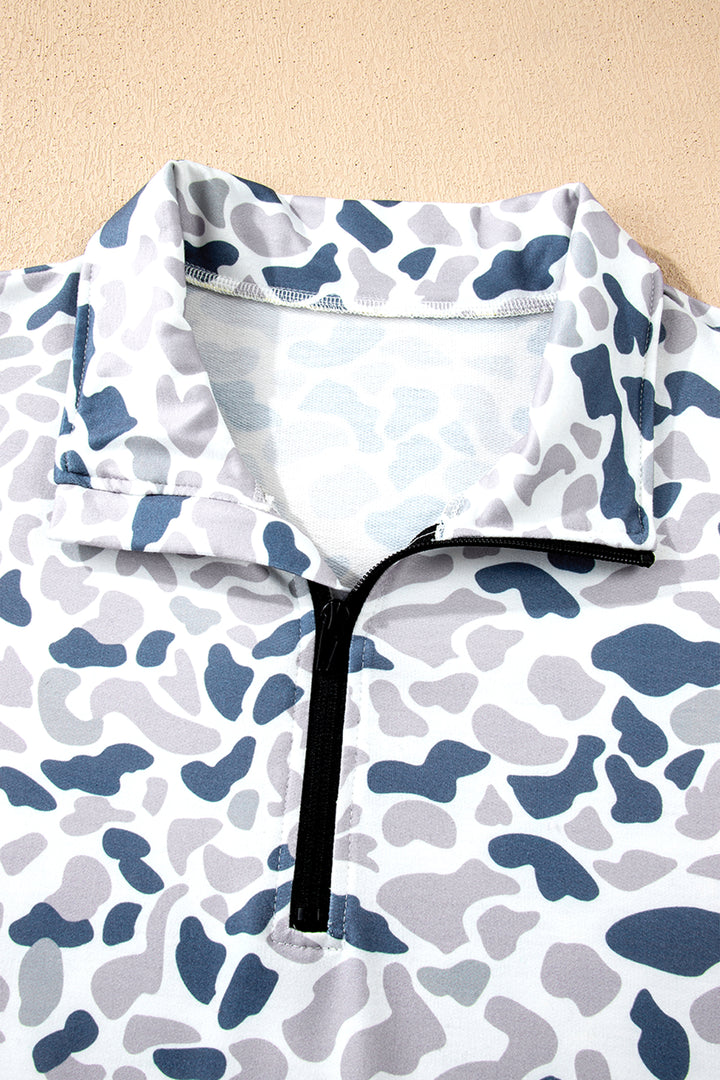 Multicolour Plus Camouflage Print Quarter Zip Kangaroo Pocket Pullover Sweatshirt