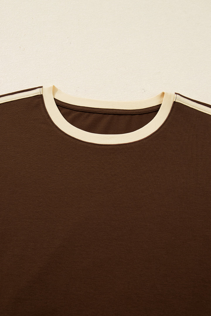 Dark Brown Varsity Striped Accent Contrast Crew Neck Long Sleeve T Shirt