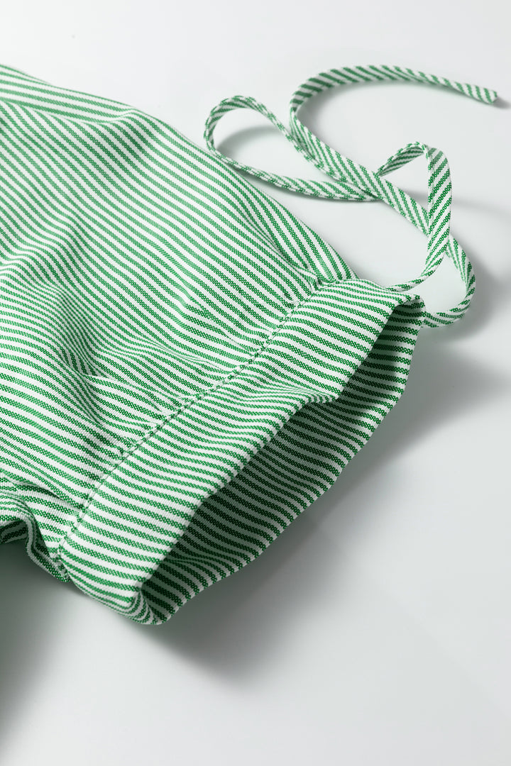 Mint Green Striped Print Collared Split Neck Half Sleeve Blouse