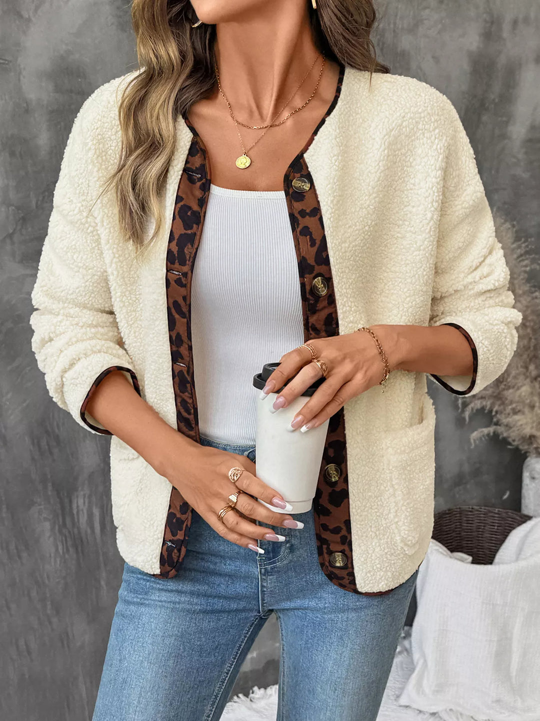 Leopard Trim Button Up Jacket
