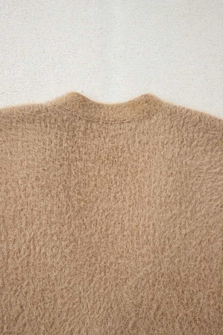 Smoke Gray Fuzzy Buttoned Front Midi Solid Cardigan