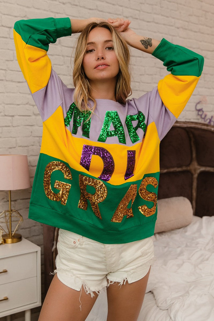 BiBi Sequin Mardi Gras Lettering Color Block Sweatshirt
