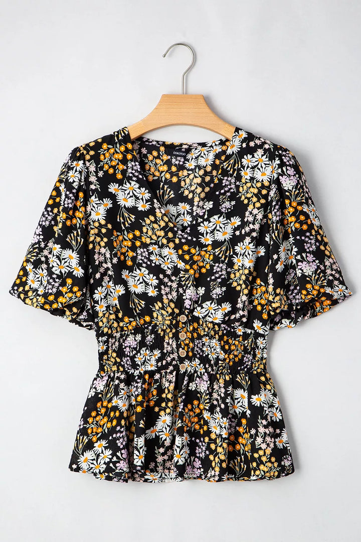 Floral Print V Neck Smocked Babydoll Blouse