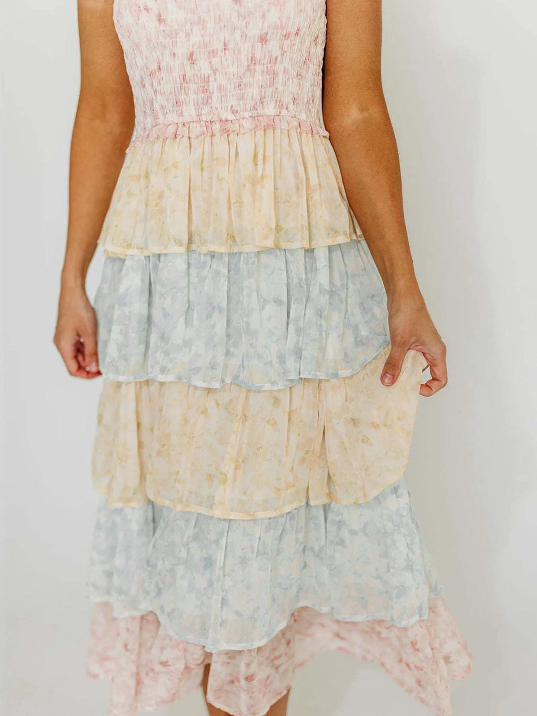 Smocked Ruffle Layered Floral Midi Dress