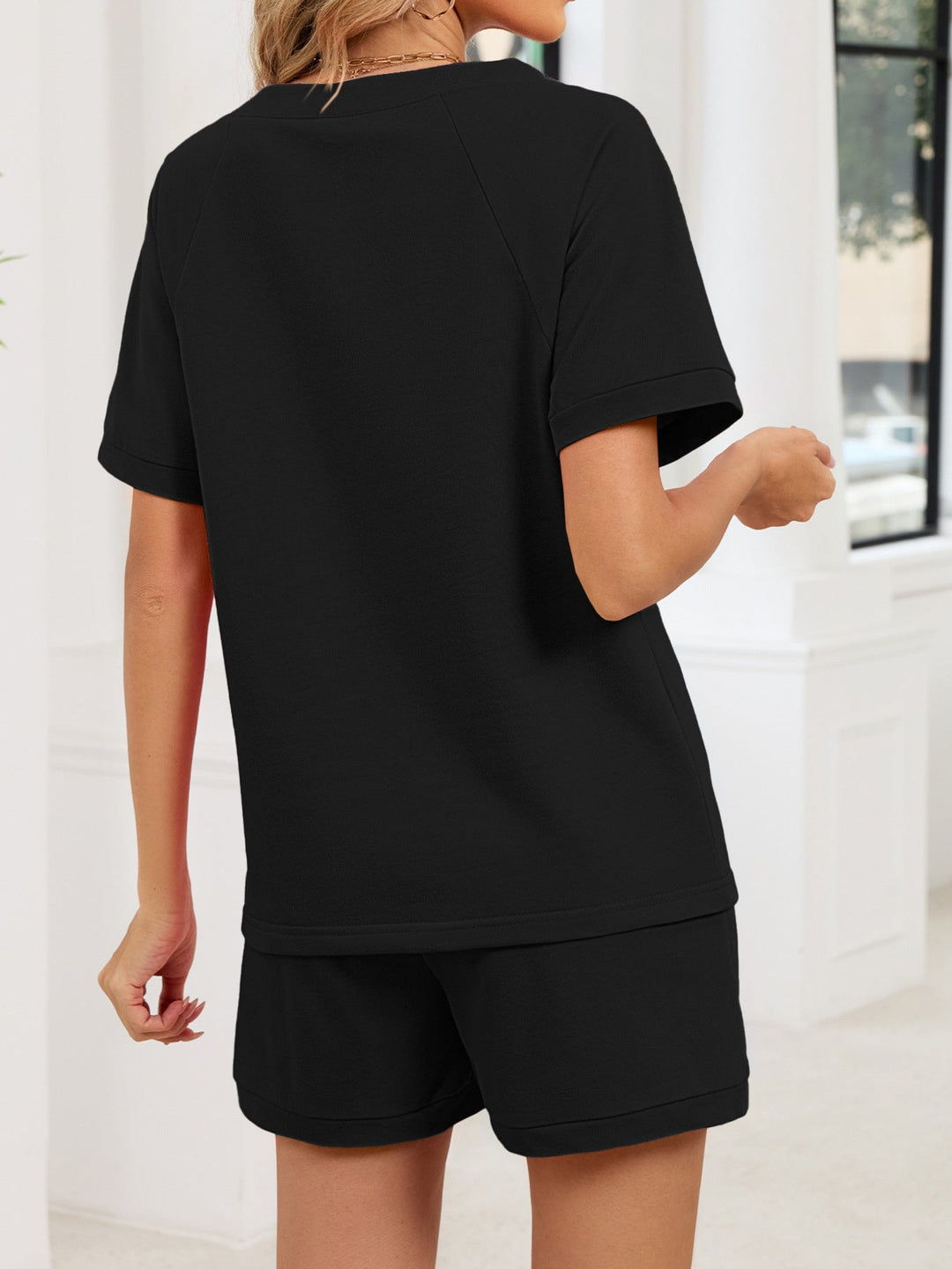 Notched Short Sleeve Top and Shorts Set
