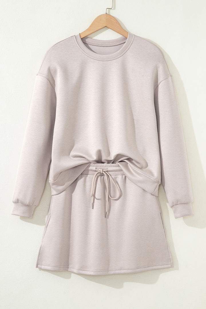 Jet Stream Solid Color Drop Shoulder Pullover Drawstring Mini Skirt 2pcs Outfit