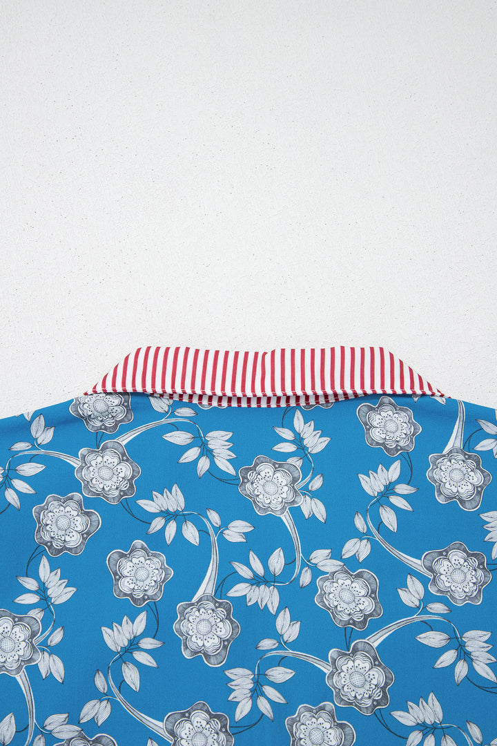 Blue Retro Floral Print Striped Trim Button Neck Short Sleeve Blouse