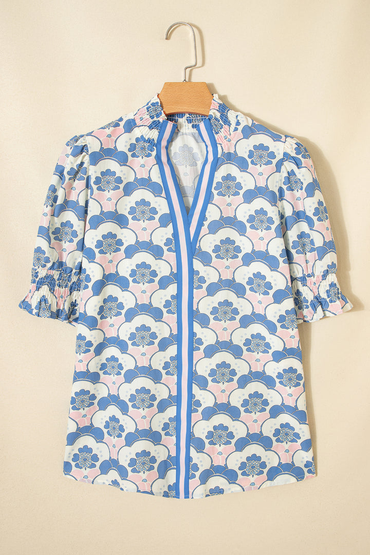 Sky Blue Floral Print Flounced Short Sleeve Contrast Trim V Neck Blouse
